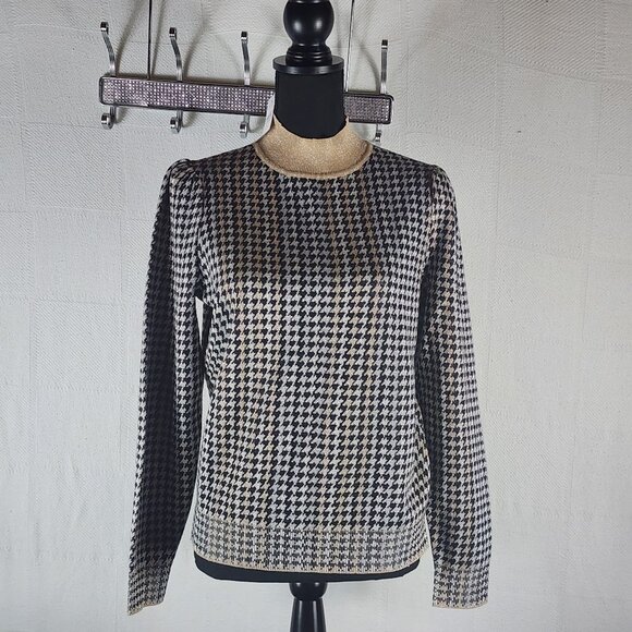 Ann Taylor Black Tan Metallic Houndstooth Mock Neck Cotton Poly Modal Sweater M - Picture 1 of 16